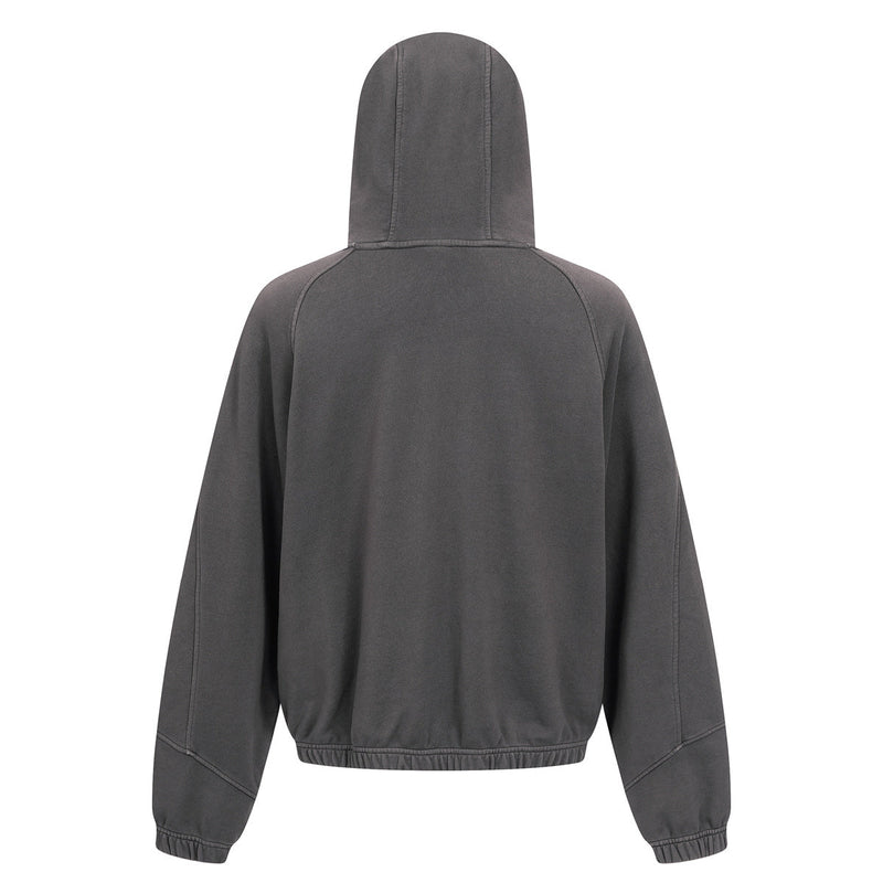 Back view of a charcoal gray full-zip hoodie with smooth washed cotton texture