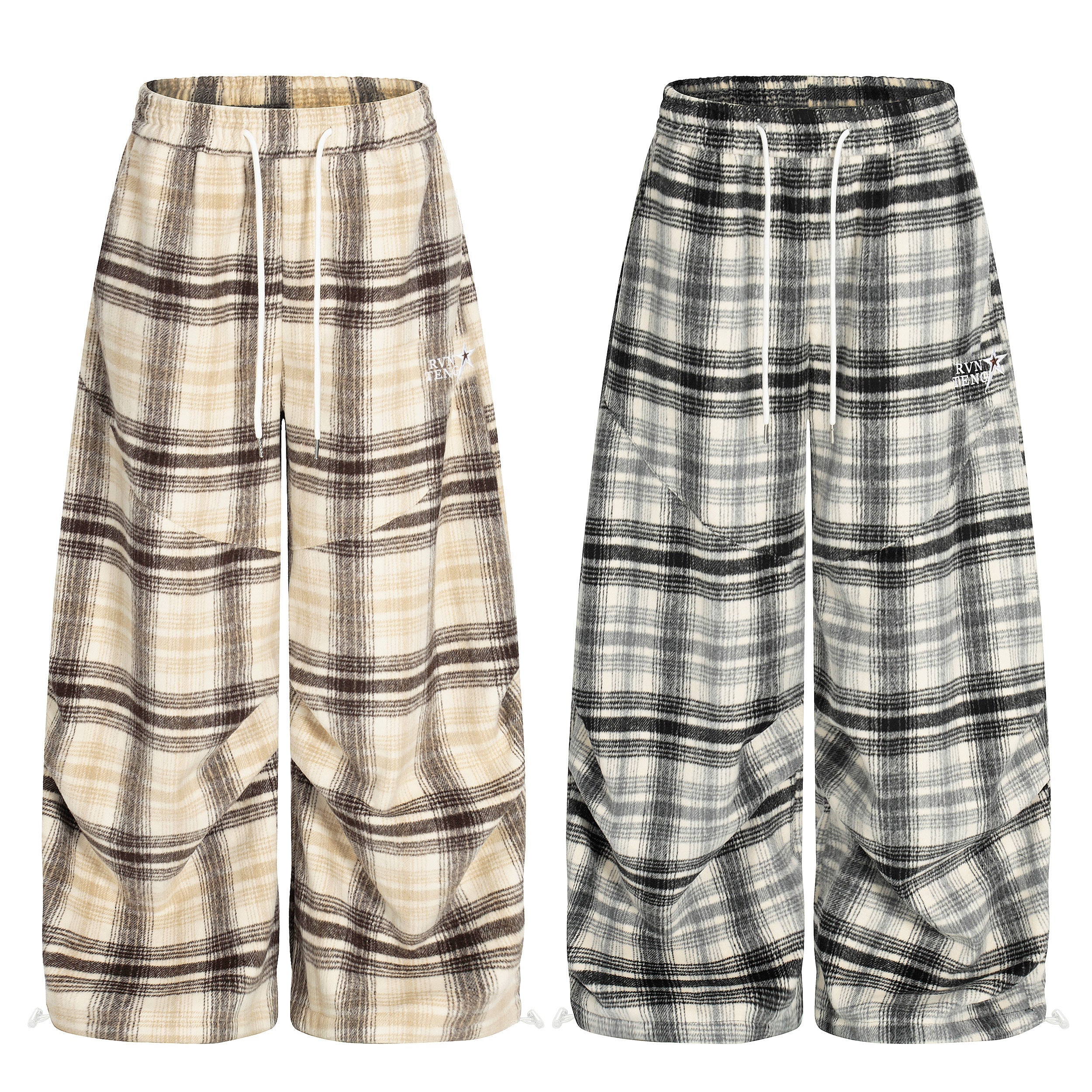 Omirad plaid wide-leg pants in brown-cream and grey-cream colorways with drawstring waist and toggle cuffs