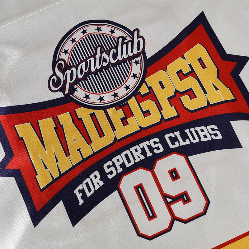 White street jersey graphic with Sportsclub logo, bold MADEGPSR varsity lettering, and 09 athletic number print