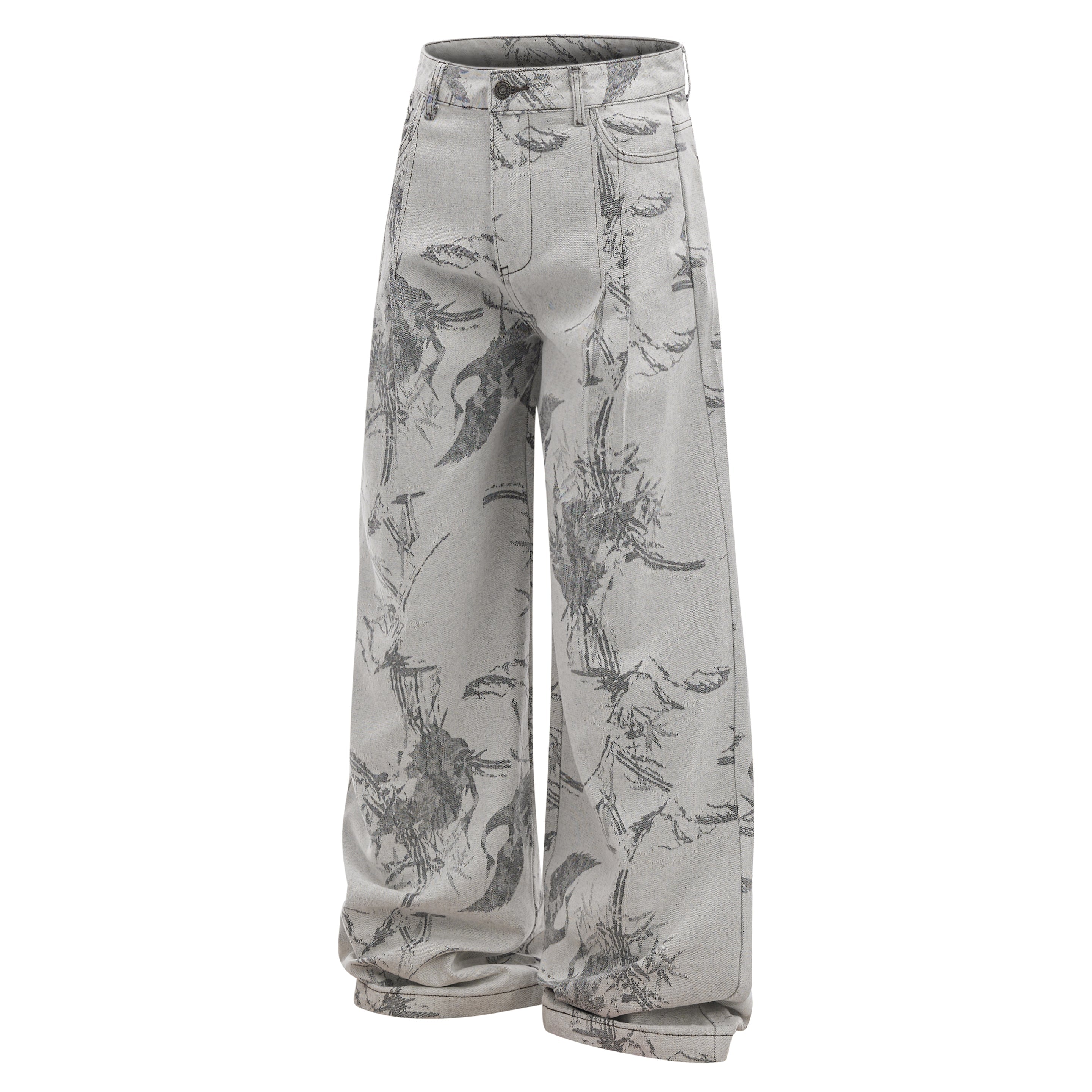 Ink-Wash Print Wide-Leg Pants | Abstract Brushstroke Denim