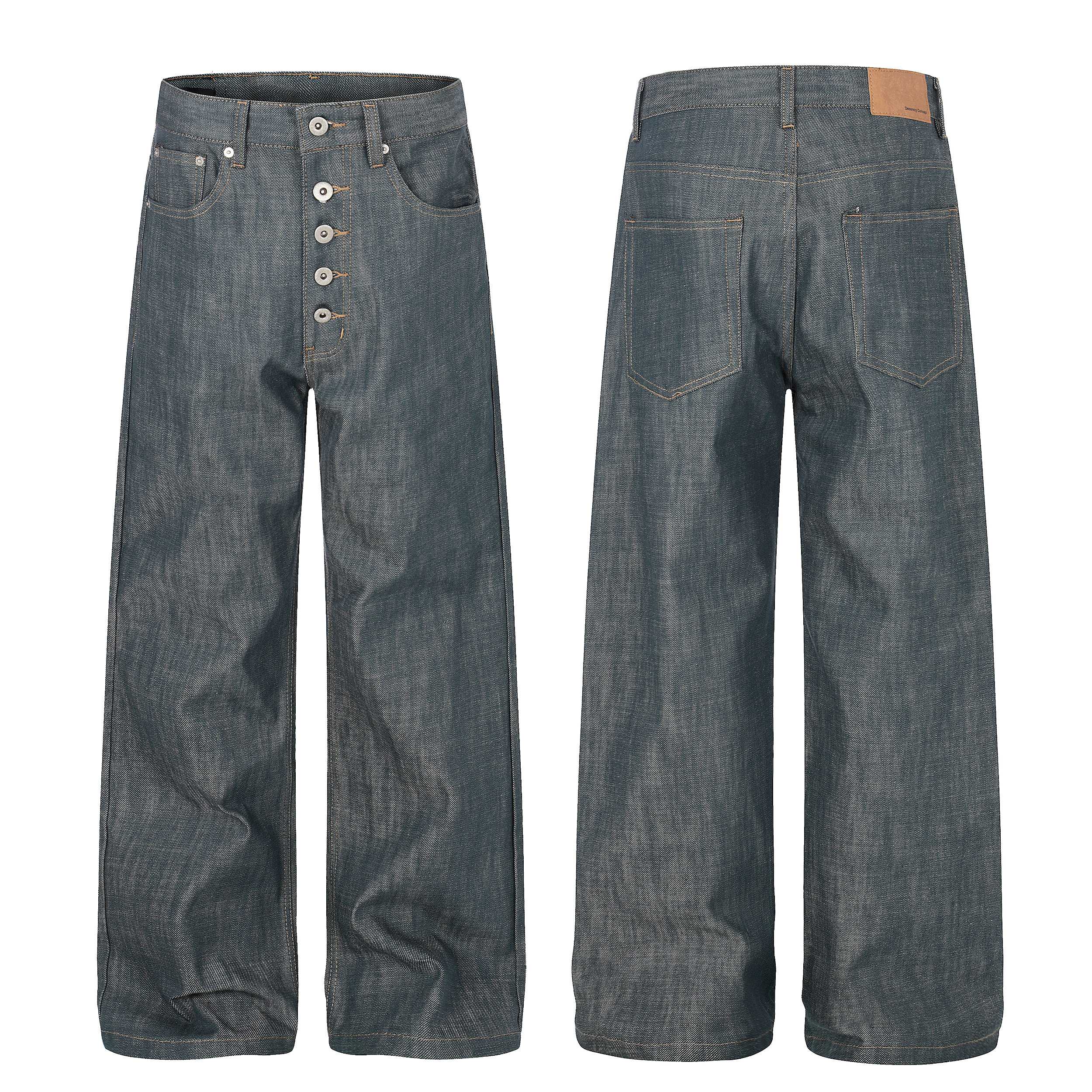 Front and back view of wide-leg washed grey button-fly denim jeans with contrast amber stitching and five-pocket design