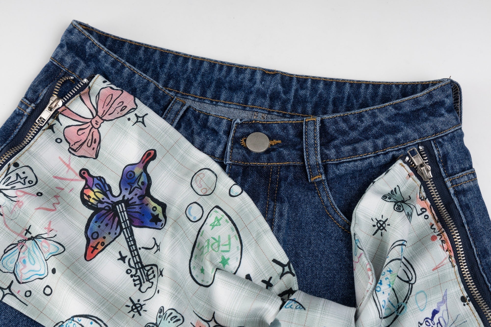 Bunny Graphic Ribbon Bow Curved Wide-Leg Jeans | Omirad