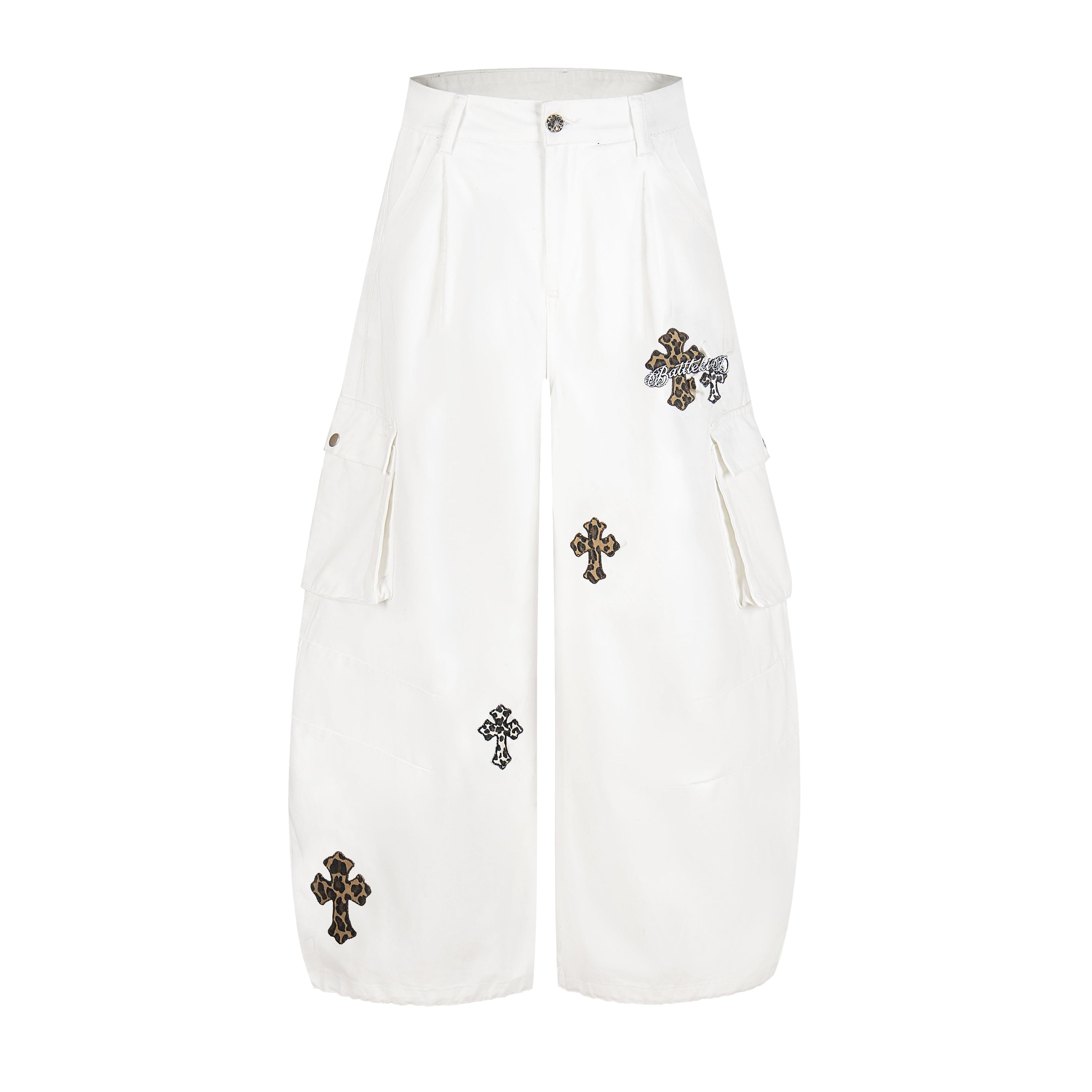 Leopard Cross Embroidered Wide-Leg Cargo Pants | Streetwear