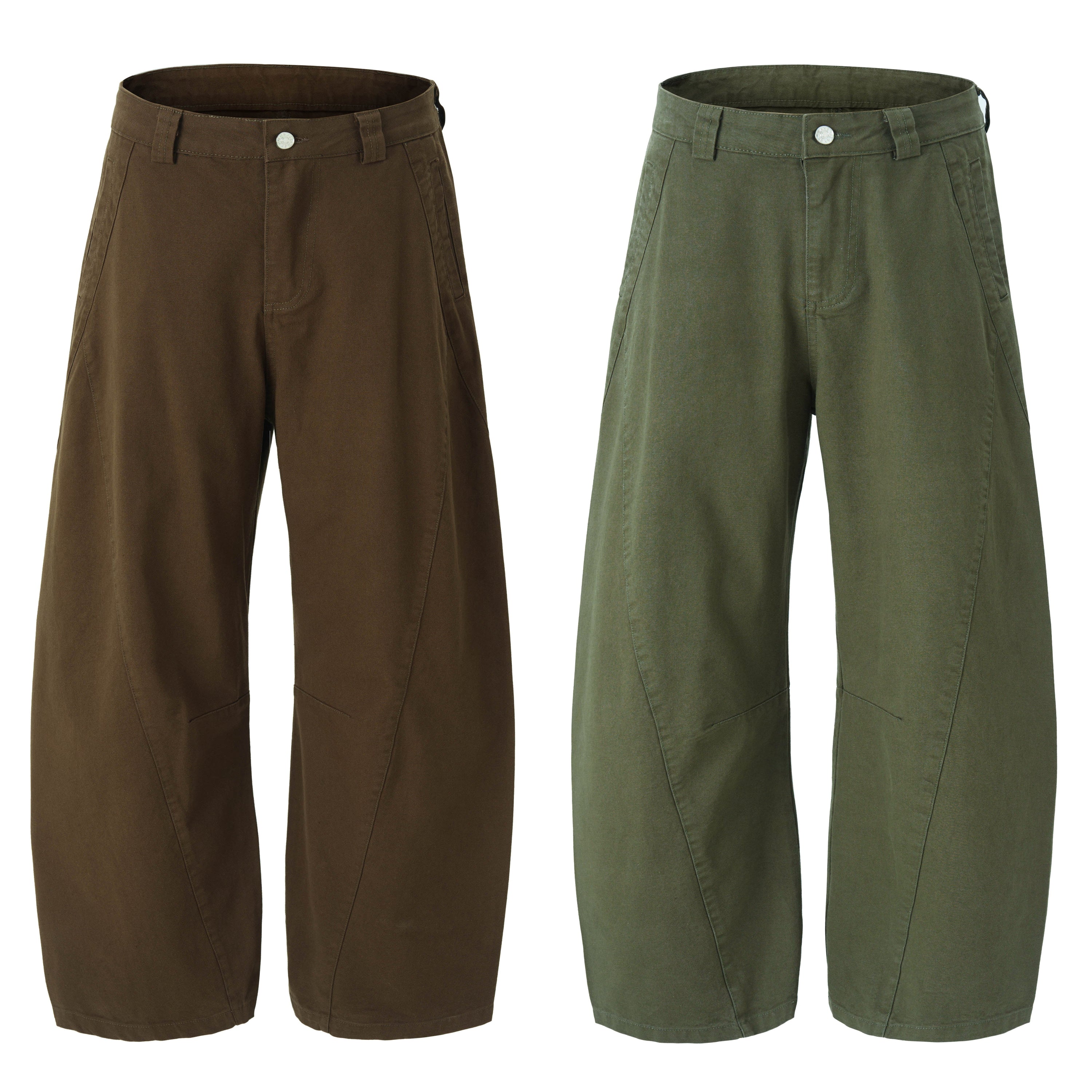 Brown and olive wide-leg barrel utility pants with panel-cut seams and mid-rise waistband, shown as flat lay on white backgro