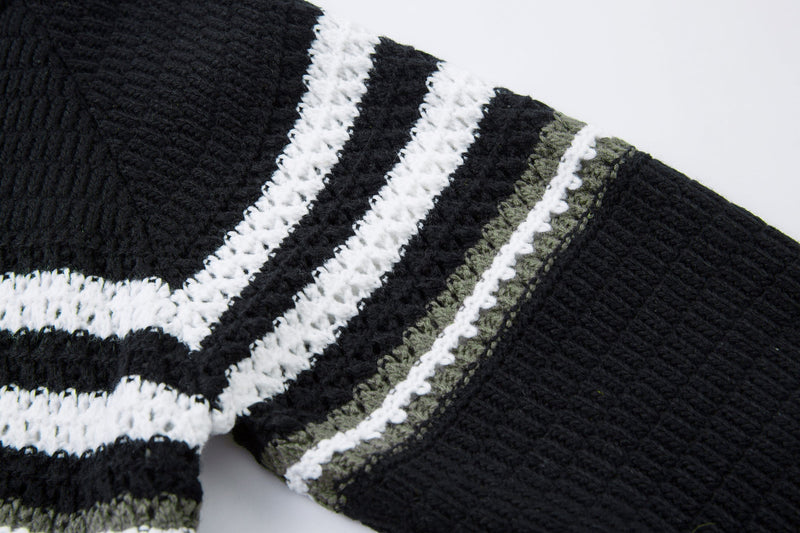 Close-up of sweater shoulder and sleeve with white and olive stripes