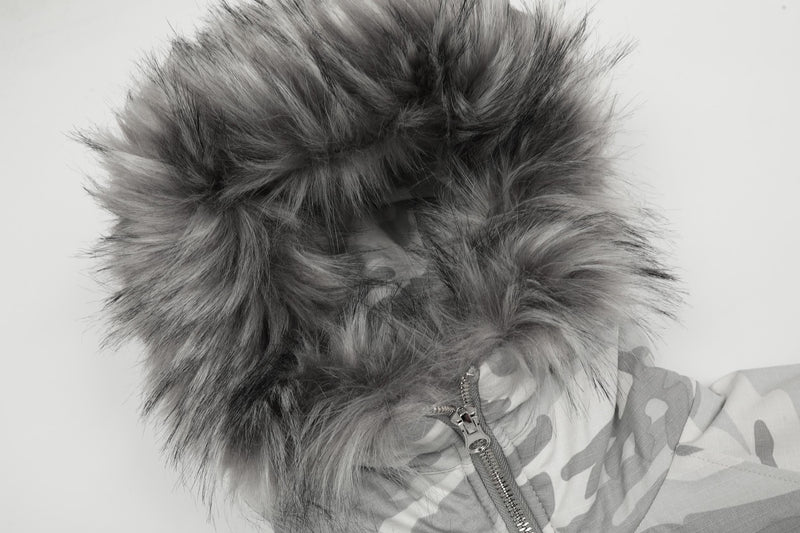 White Camo Faux Fur Hooded Padded Bomber Jacket