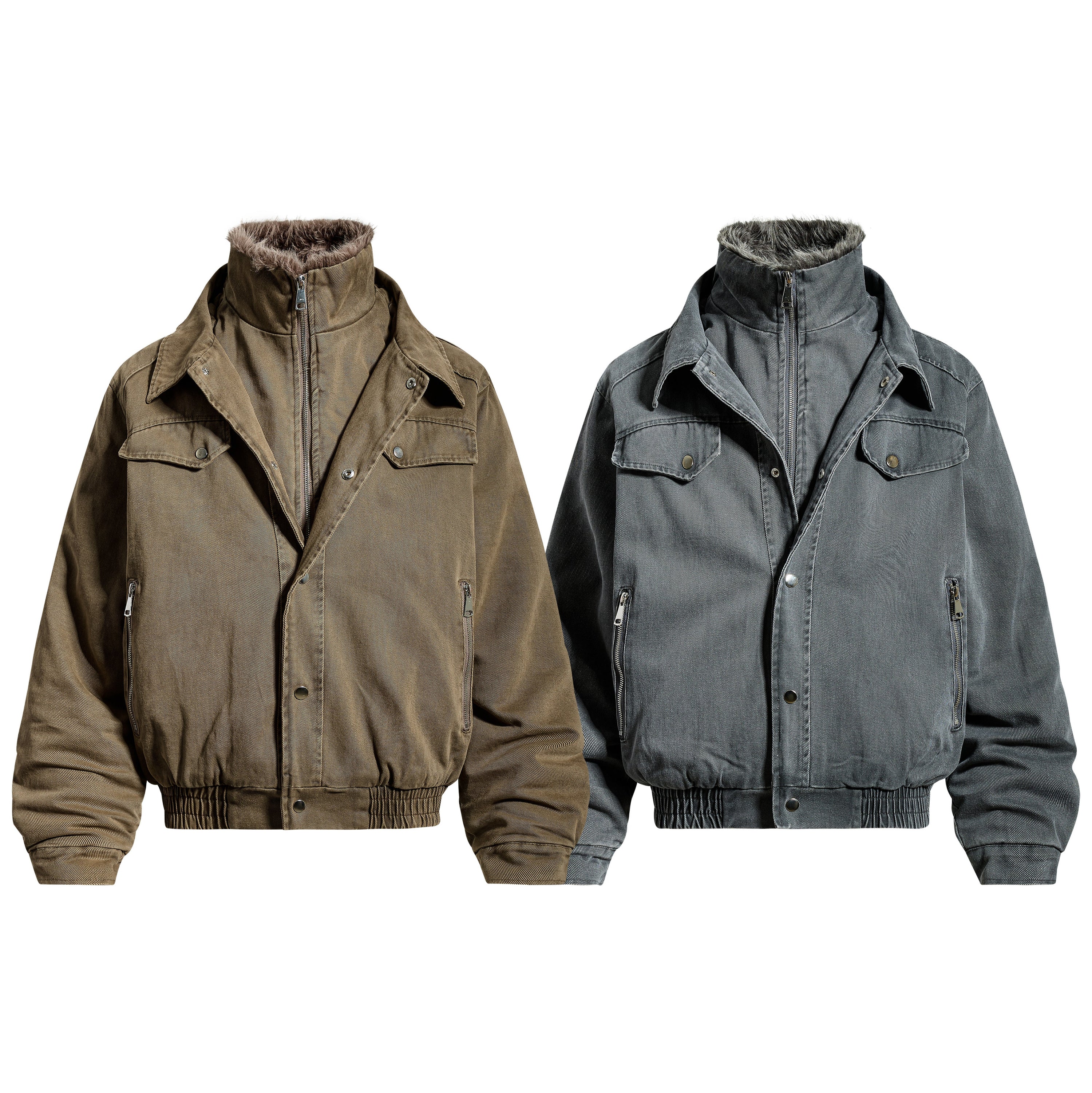 Omirad layered utility bomber jacket in olive brown and charcoal grey, shown front view with faux fur inner collar