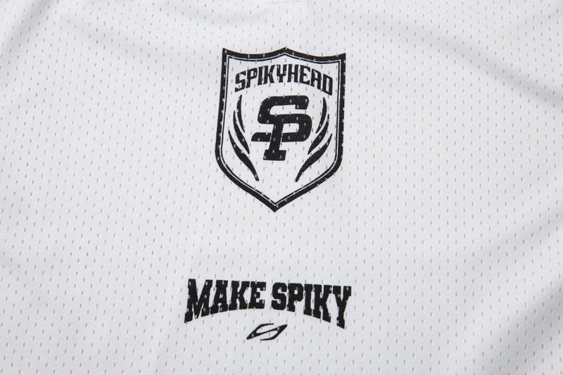 White mesh polo shirt with black Spikyhead crest and Make Spiky graphic on the chest