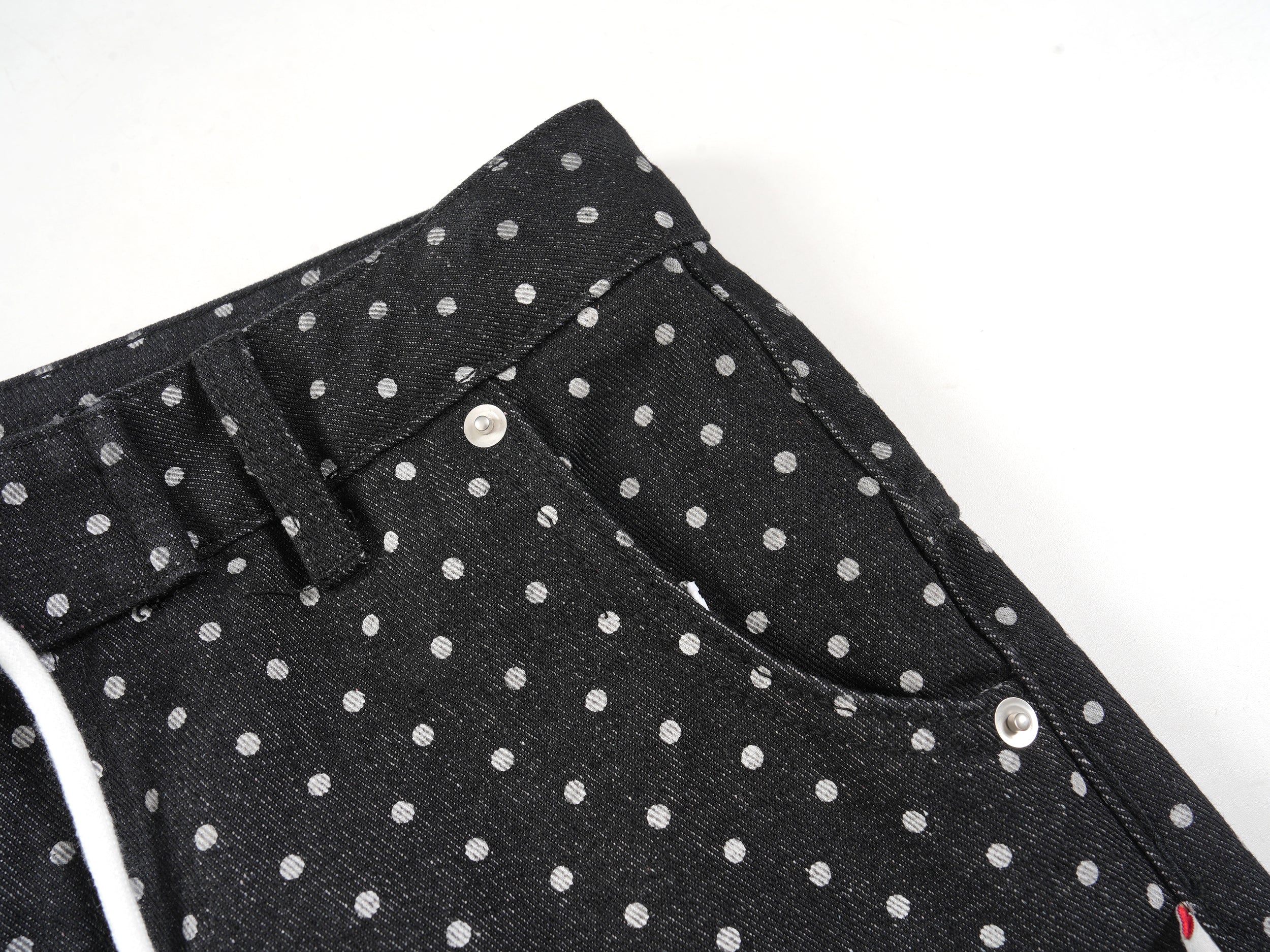 Omirad SP2 Polka-Dot Wide-Leg Denim Pants with Turn-Up Cuffs