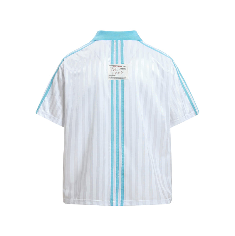 White retro football jersey with turquoise vertical stripes, ribbed collar, and short sleeves on a plain background