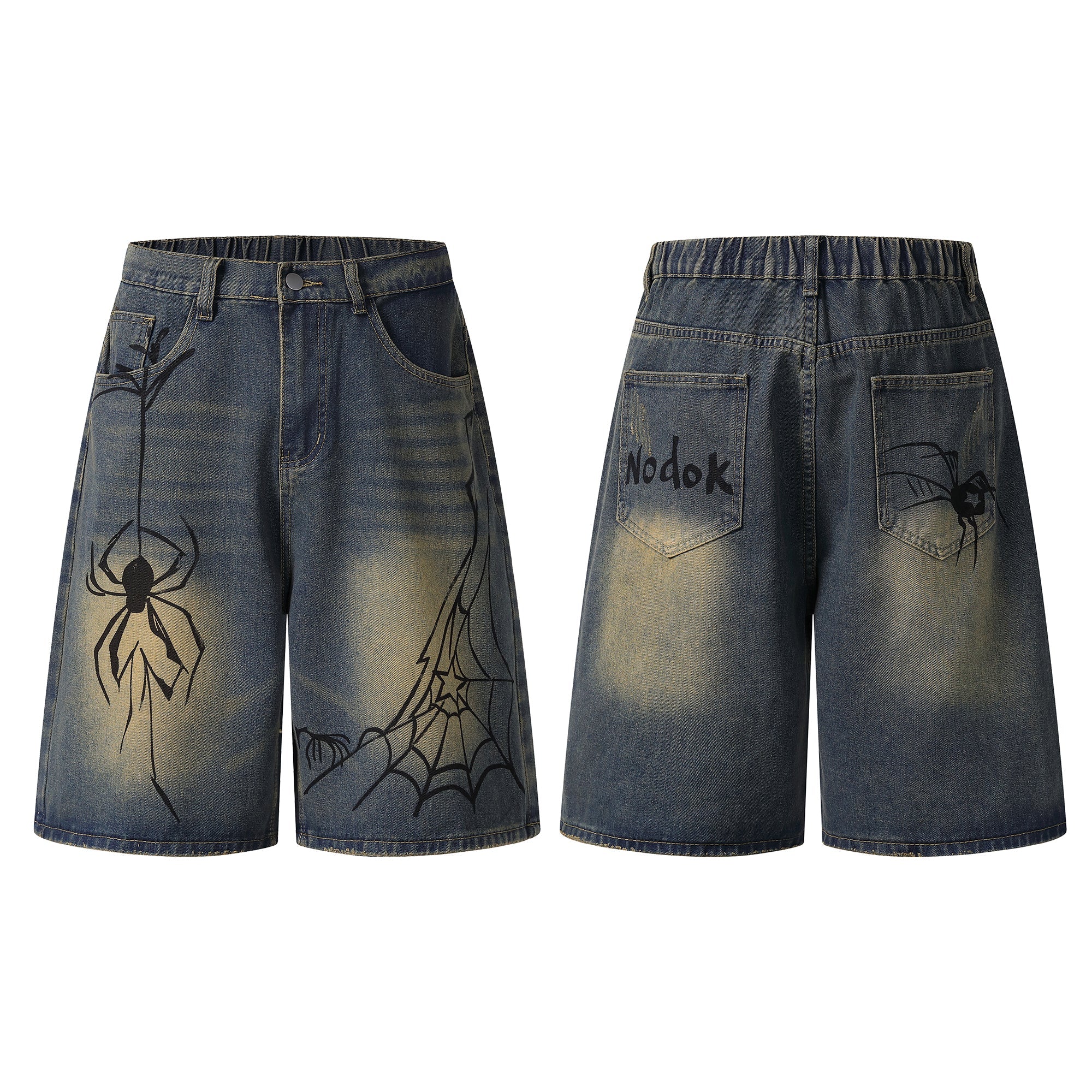 Front and back view of wide-leg denim shorts with black spider and spiderweb graphic print and faded vintage wash