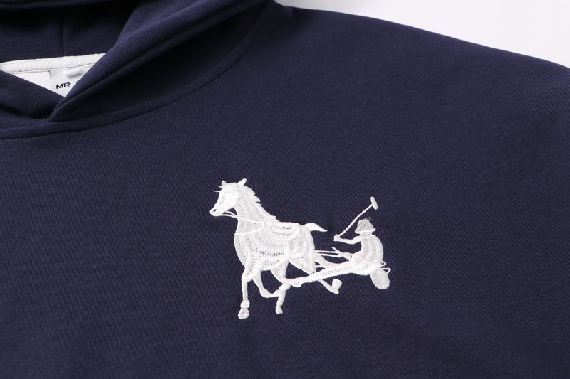 Front chest view of navy hoodie with small white horse and rider embroidery