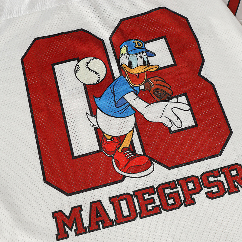 Donald Duck graphic football jersey with large red number 08 and MADEGPSR text on white mesh fabric