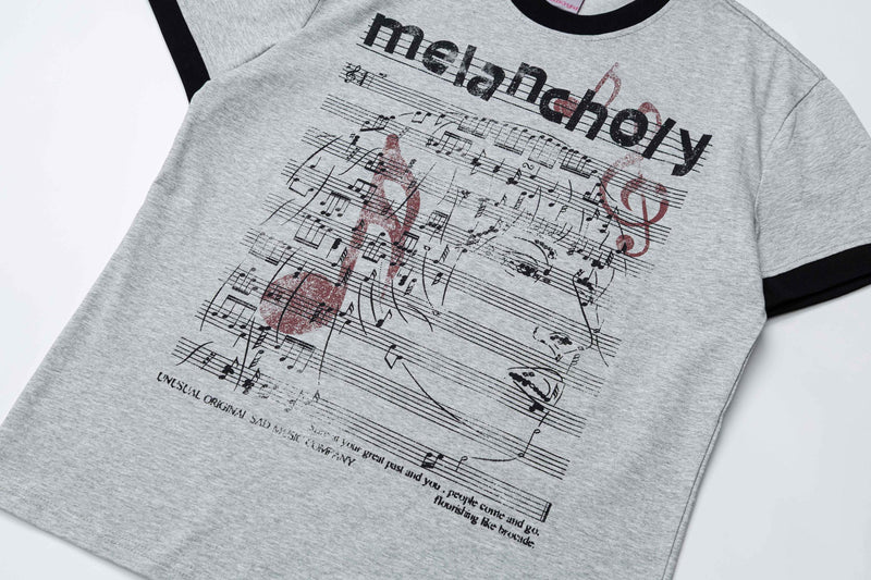 Gray ringer T-shirt with black and red melancholy music sheet graphic and vintage distressed print