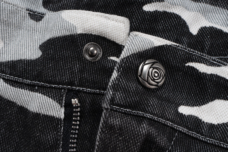 Close-up of camo shorts pocket flap, button, and zipper detail