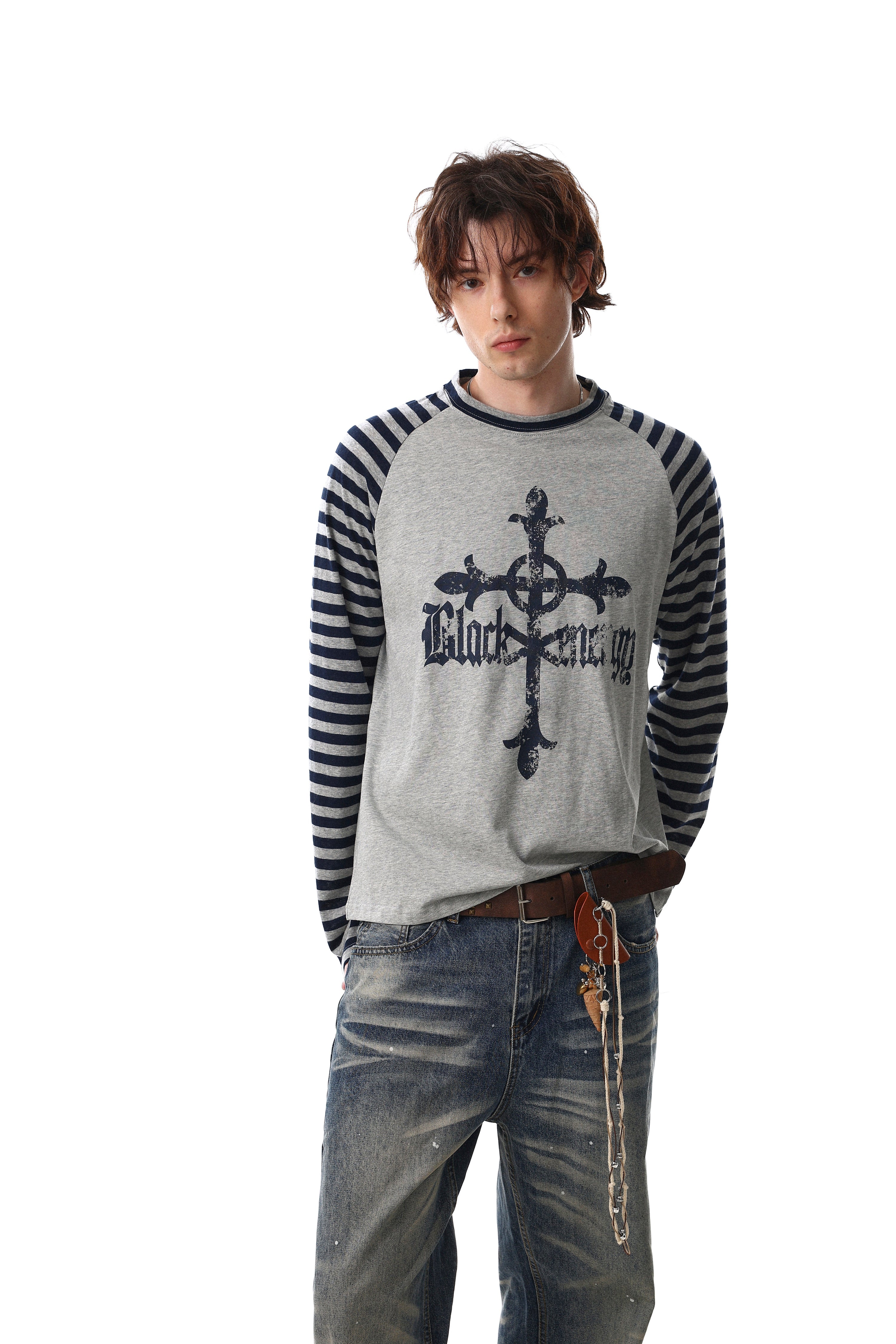 Gothic Cross Graphic Raglan Long Sleeve Tee | Striped Sleeves