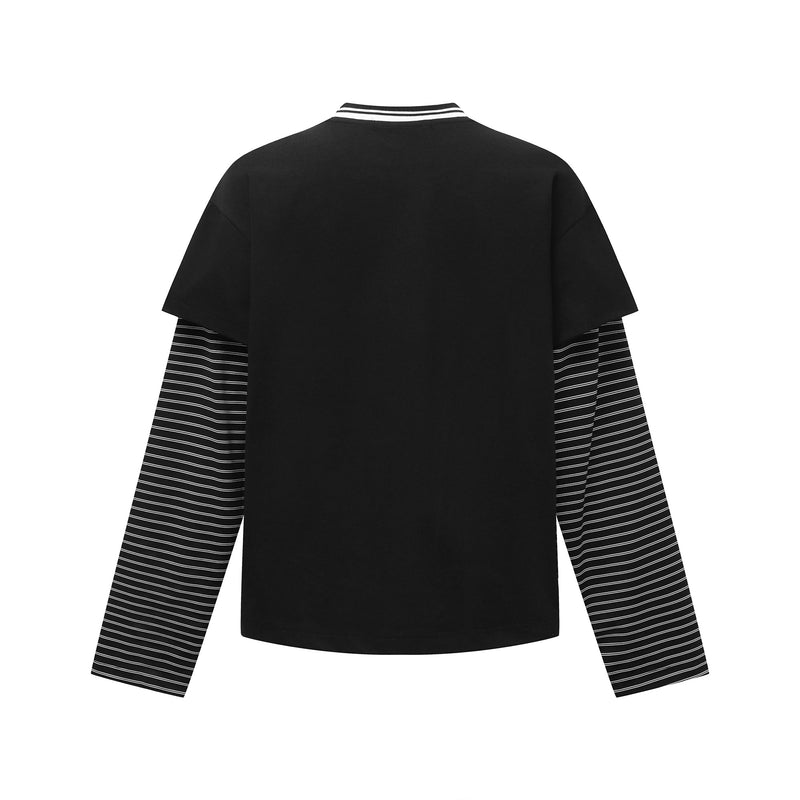 Back view of black layered long-sleeve tee with striped sleeves and plain back