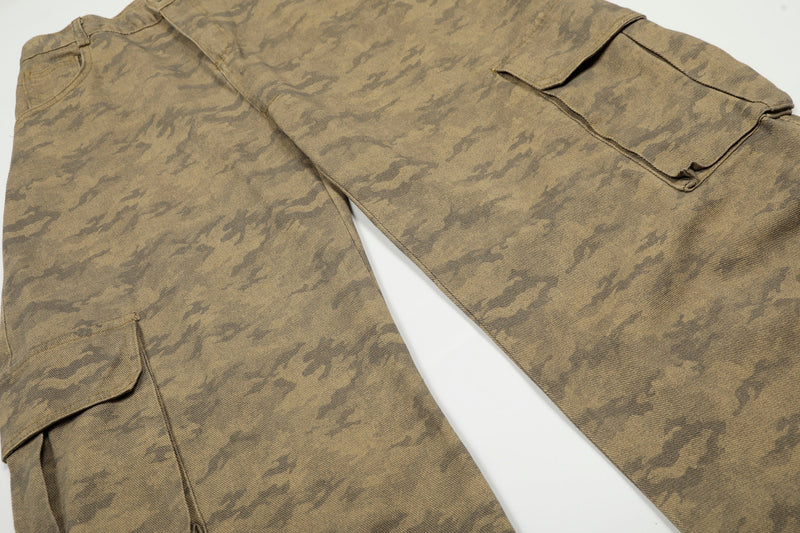 Top view of wide-leg cargo jeans showing front and cargo pocket panels