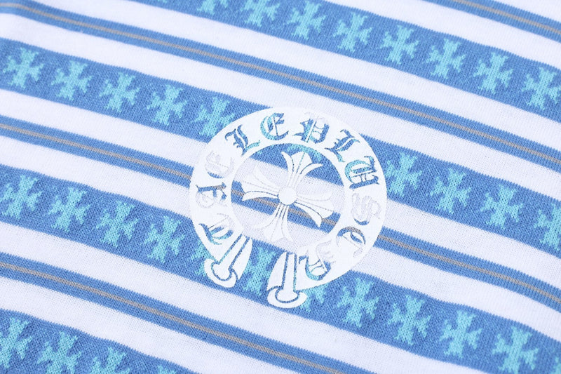 Blue striped chest logo patch close-up on long sleeve polo