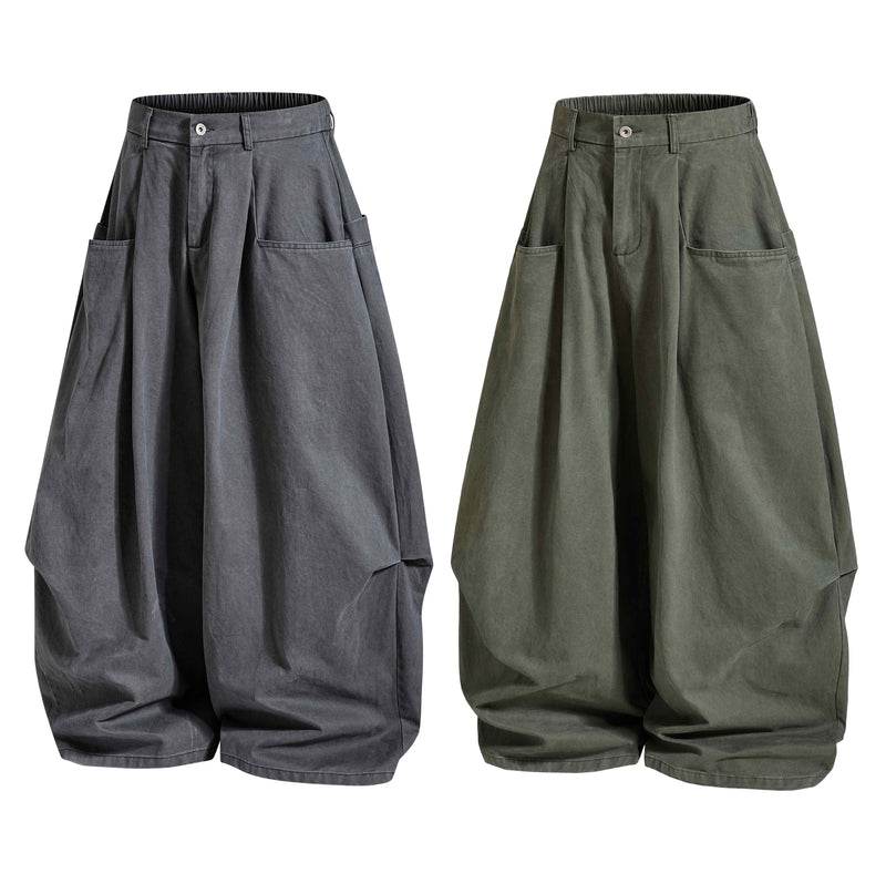 Dark gray and olive green wide-leg pants shown front view with oversized pockets