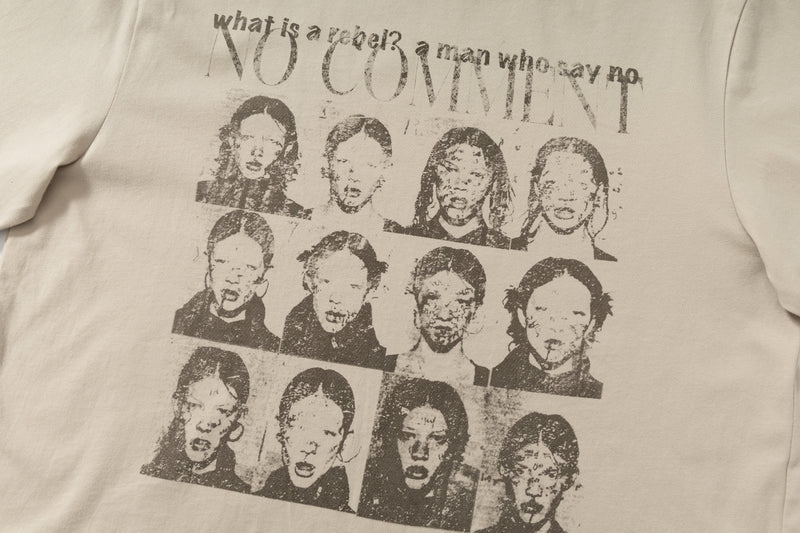Beige layered graphic tee with distressed portrait collage and No Comment streetwear text print