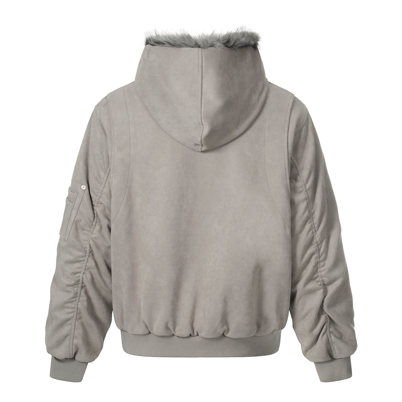 Reversible Faux Fur & Suede Hooded Bomber Jacket