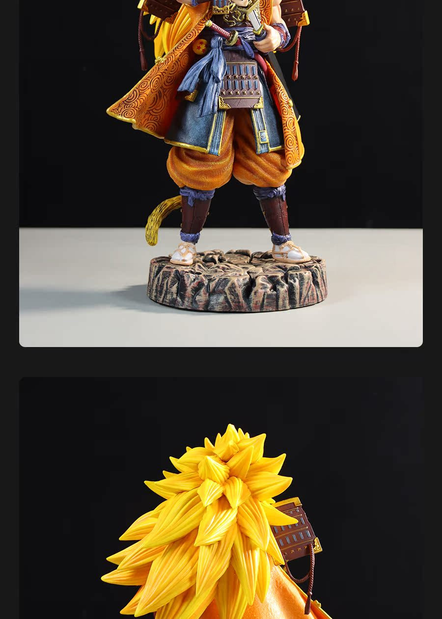 The Seakoff Goku Samurai Collectible Figure – Dragon Ball Z showcases a detailed character in ornate samurai armor, wearing a yellow and gold robe with blue accents. Standing on a rocky base with bright yellow spiky hair, it features a solid black background, evoking the Dragon Ball Z universe.