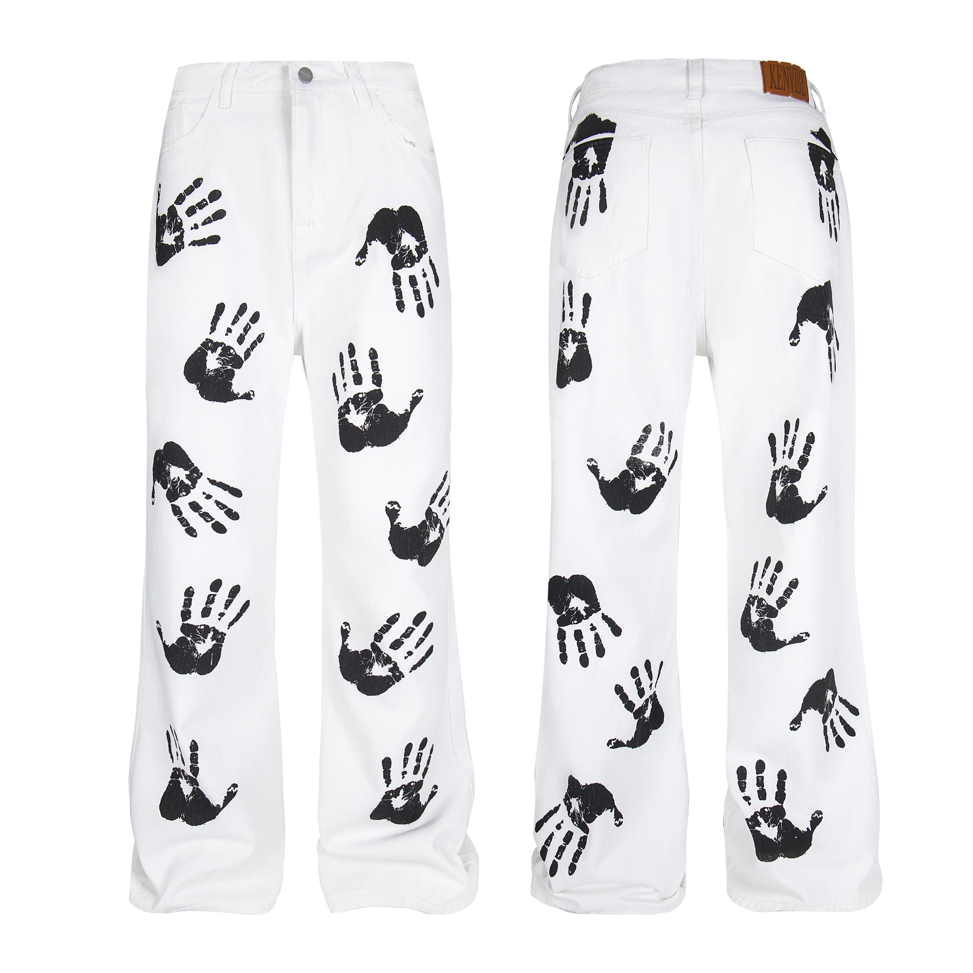 Front and back view of white wide-leg denim pants with all-over black handprint graphic prints