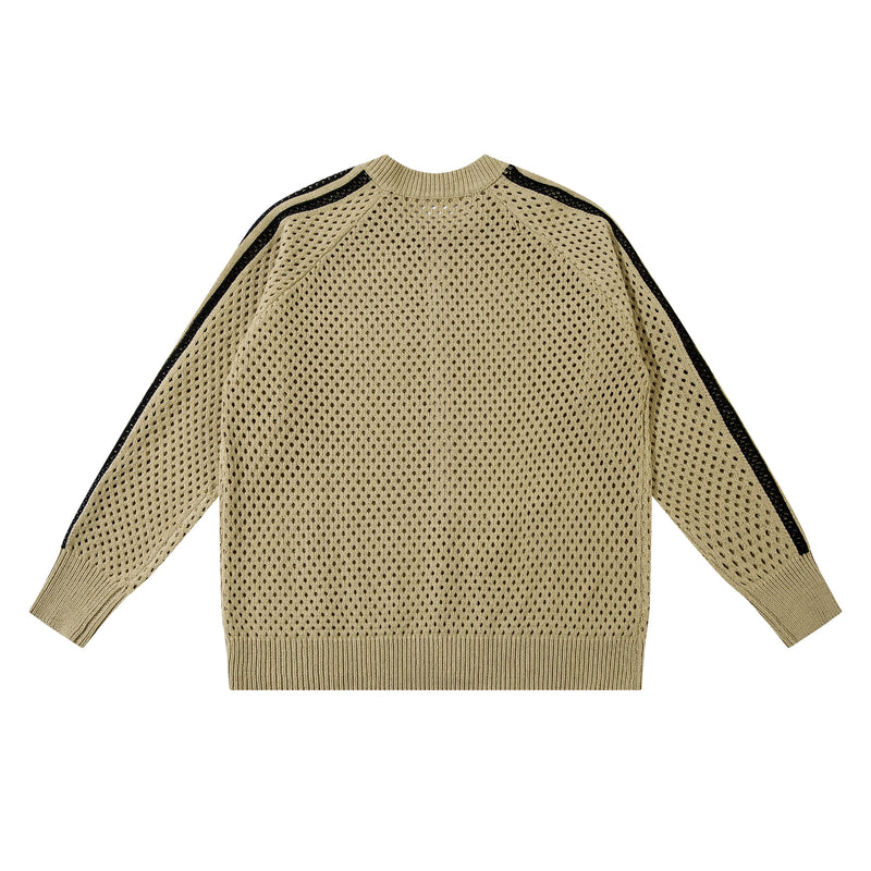 Beige open-knit zip-up jacket with black shoulder stripes, front view