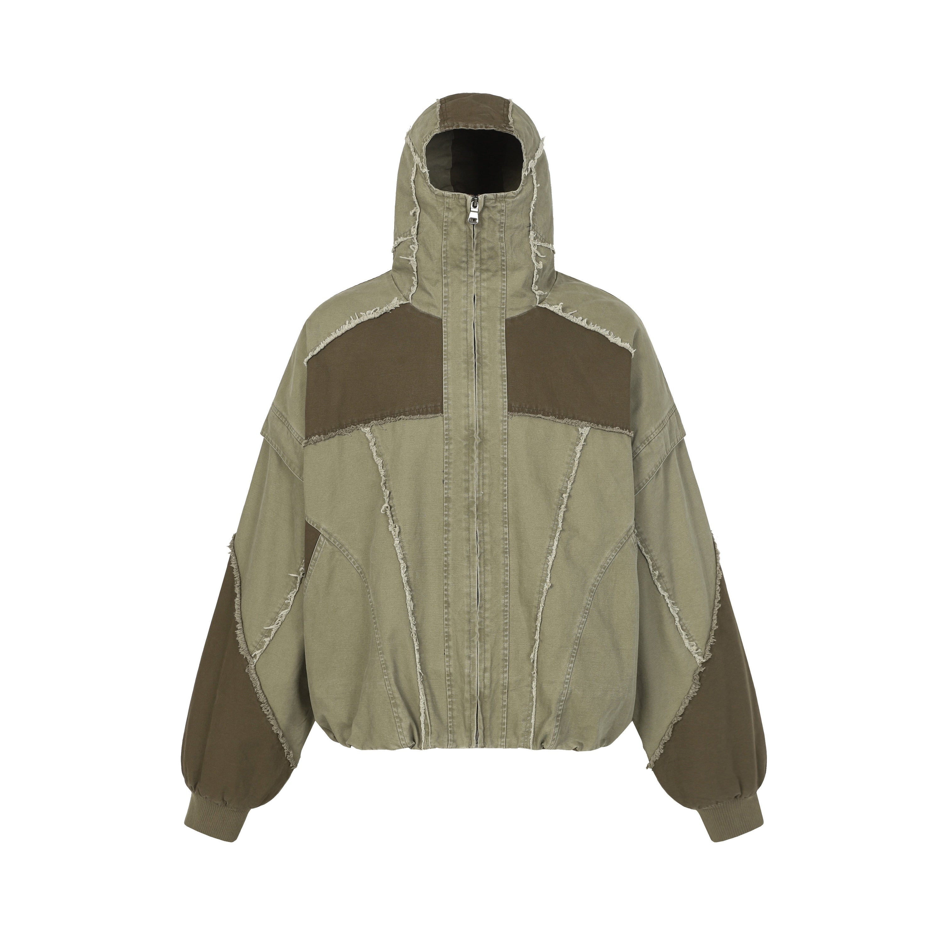 Olive green multi-panel distressed hooded jacket with raw-edge seams and dark brown contrast shoulder panels, full-zip front