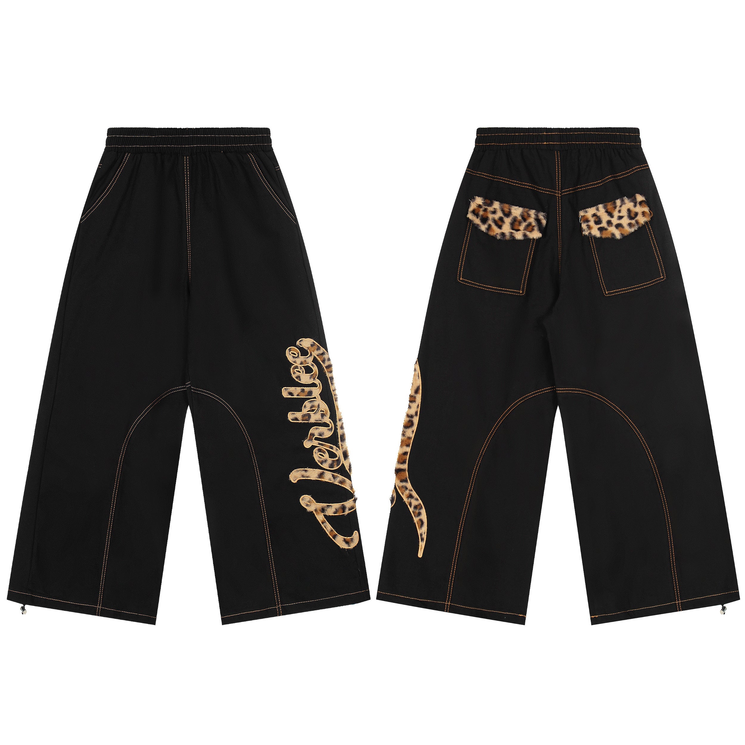 Black wide-leg pants with leopard-print applique script lettering on the leg and matching back pocket trim, front and back vi
