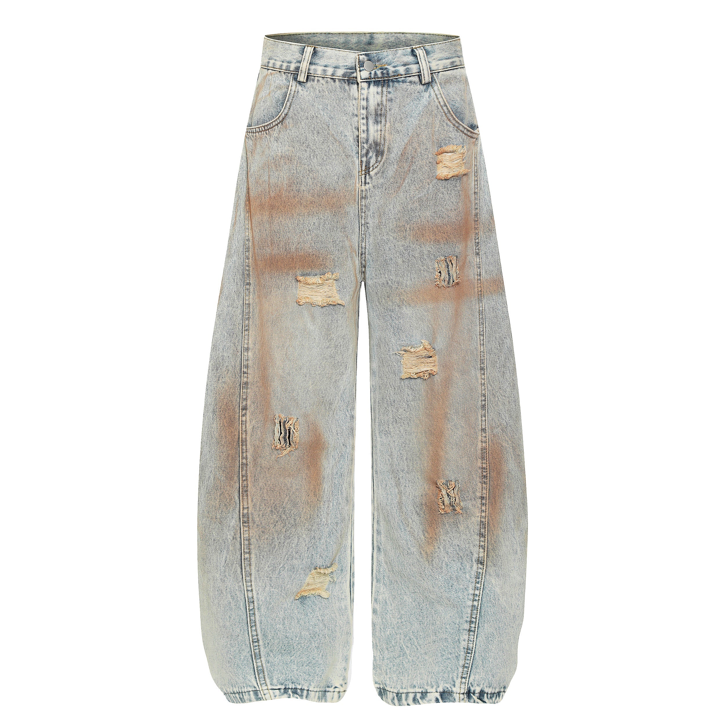 Rust Wash Distressed Barrel Jeans | Wide Leg Vintage Denim
