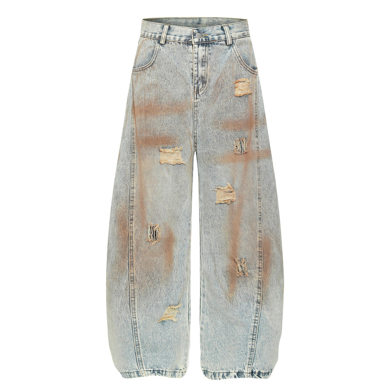 Rust Wash Distressed Barrel Jeans | Wide Leg Vintage Denim