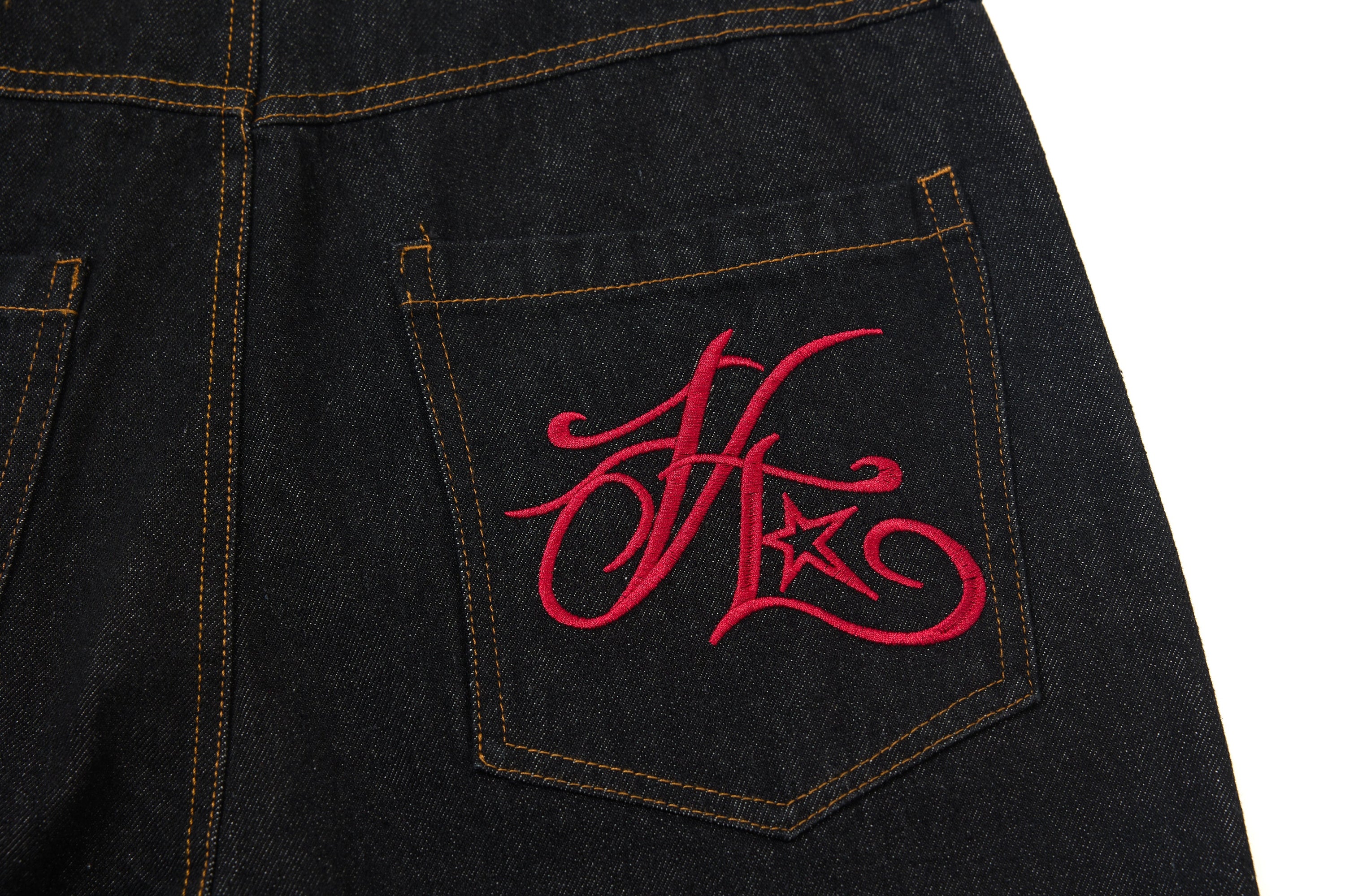 Wide-Leg Jeans with Red Embroidery & Side Drape | SEAKOFF