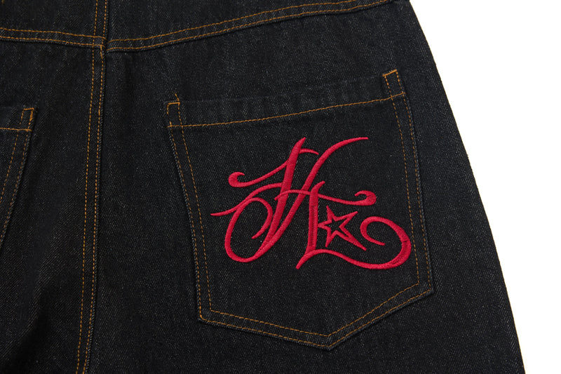 Wide-Leg Jeans with Red Embroidery & Side Drape | SEAKOFF
