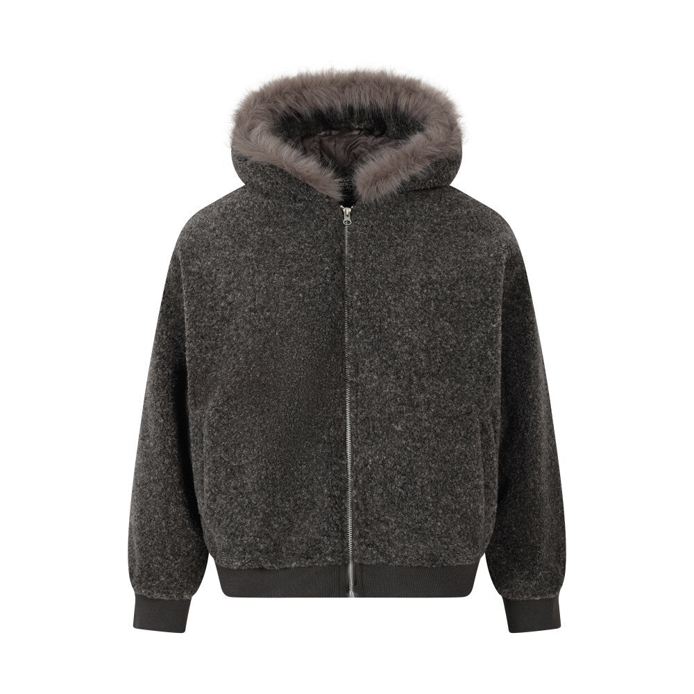 Faux Shearling Hooded Bomber Jacket with Fur Trim