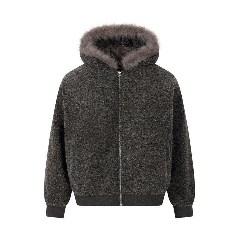 Faux Shearling Hooded Bomber Jacket with Fur Trim