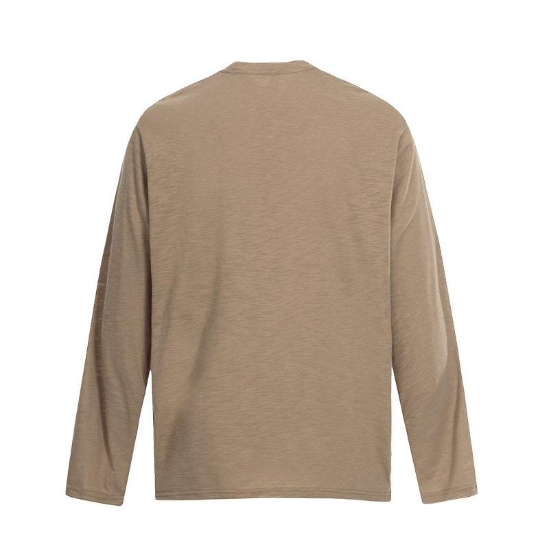 Back view of brown long sleeve tee with plain washed finish