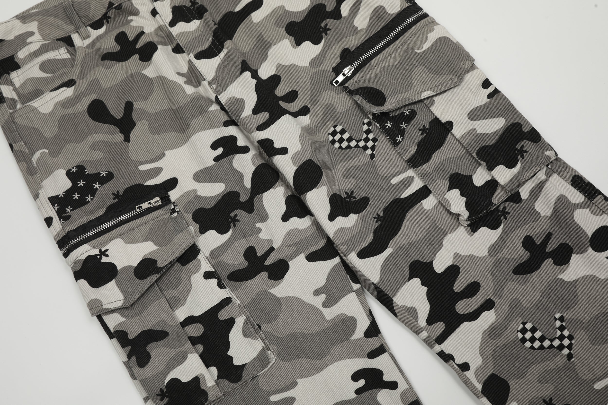 Grey Camo Cargo Pants with Checkerboard Patches | SEAKOFF