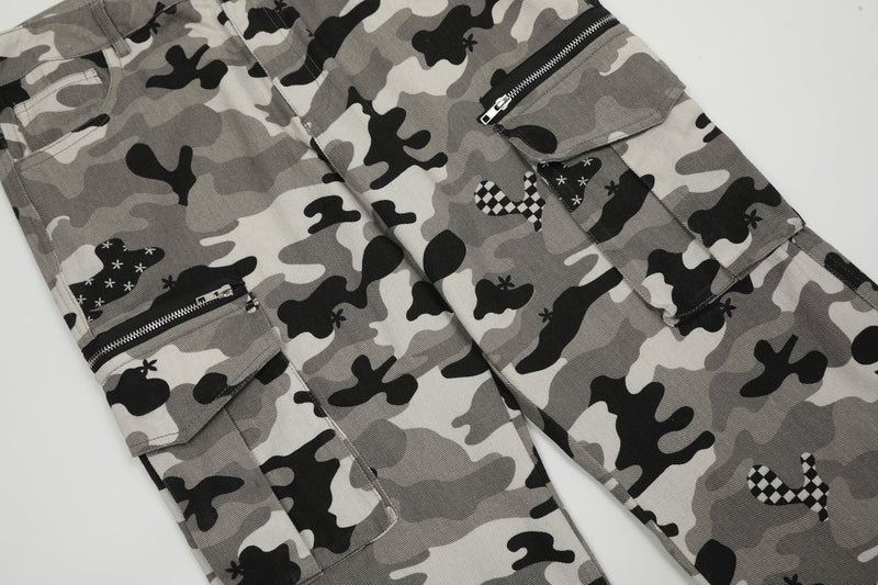 Grey camo cargo pants with side zipper pockets and flap cargo pockets, front view