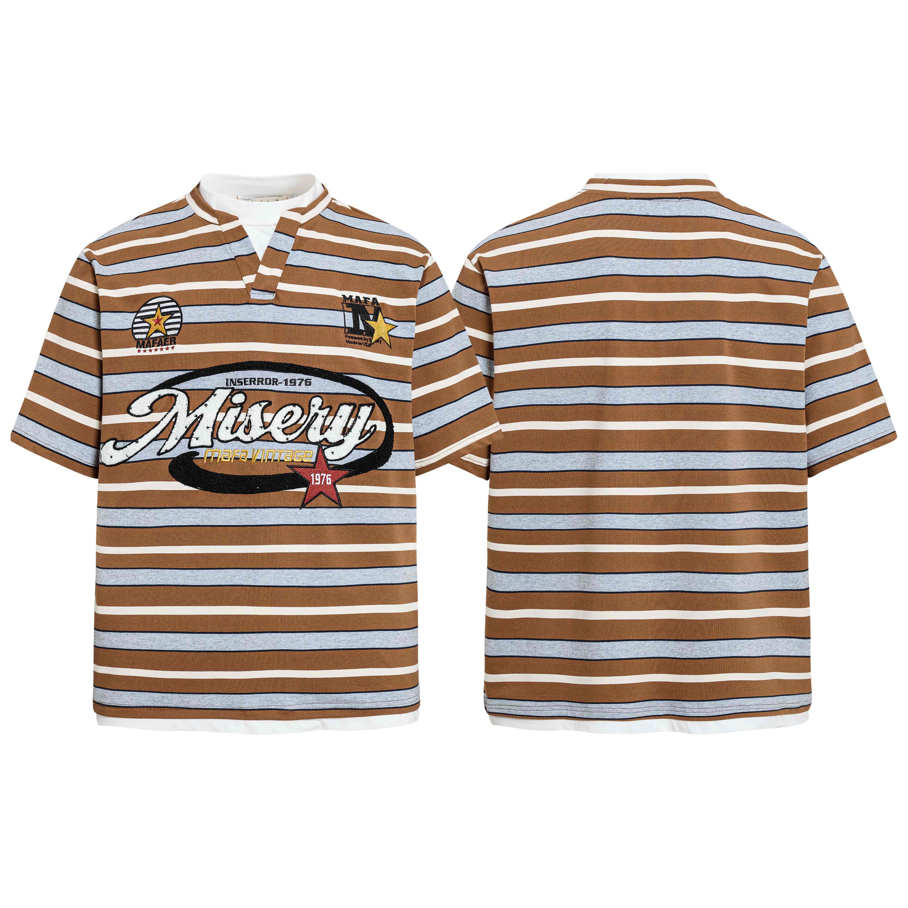 Front and back view of a brown striped varsity tee with embroidered Misery script logo and star patches