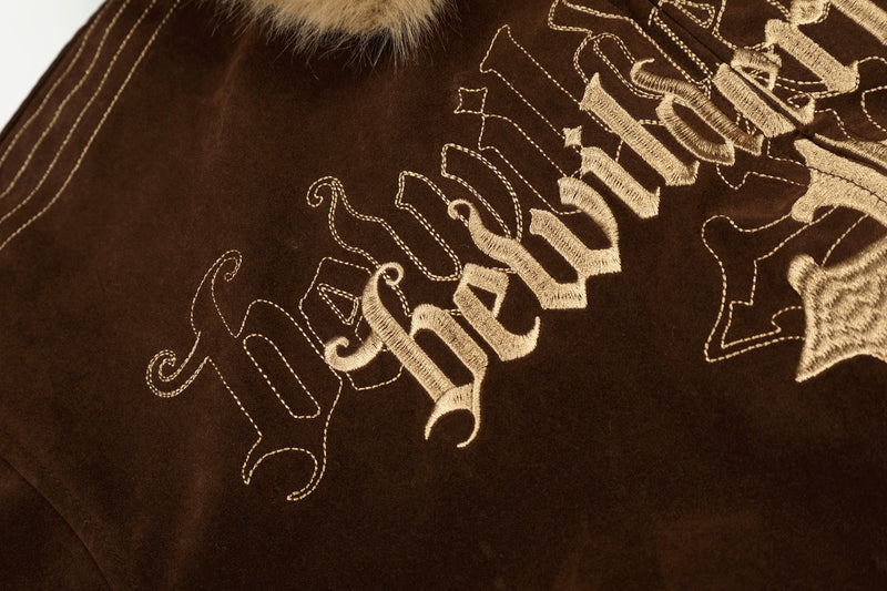 Gothic Cross Embroidered Faux Fur Collar Bomber Jacket
