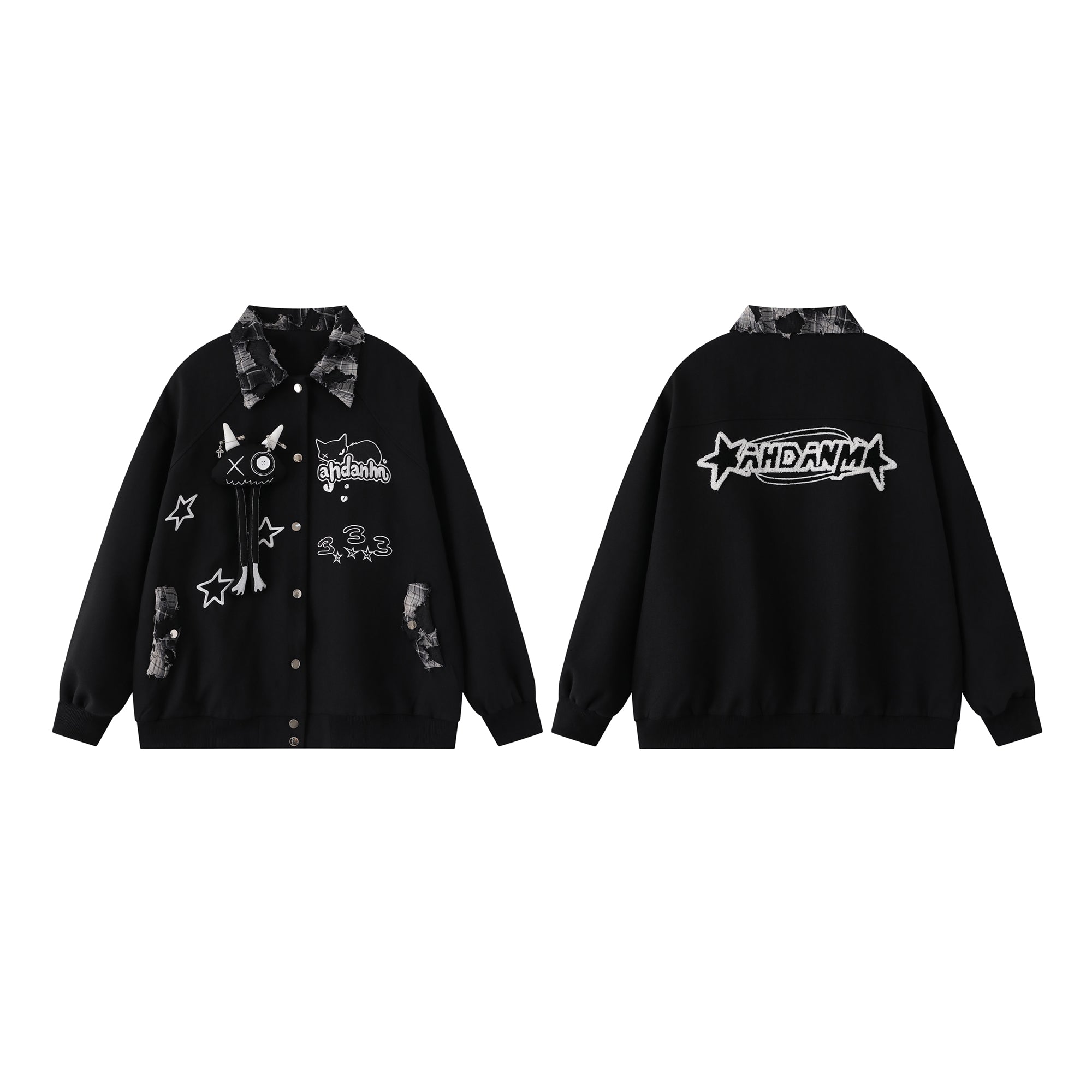 Patchwork Cat Varsity Jacket | Graphic Star Embroidery