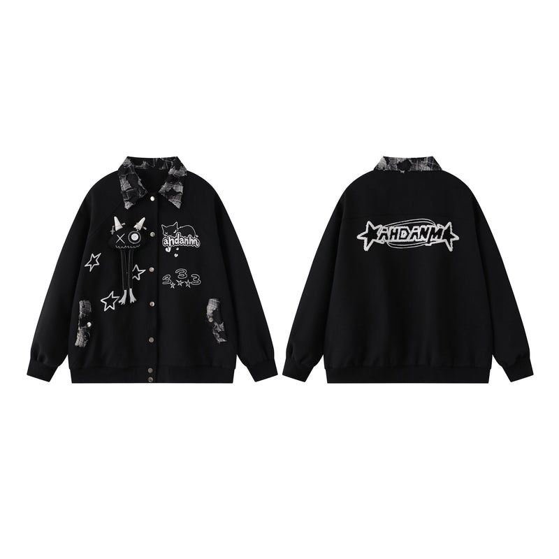 Patchwork Cat Varsity Jacket | Graphic Star Embroidery