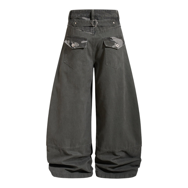 Black wide-leg pants with camo back pockets and belt strap, rear view