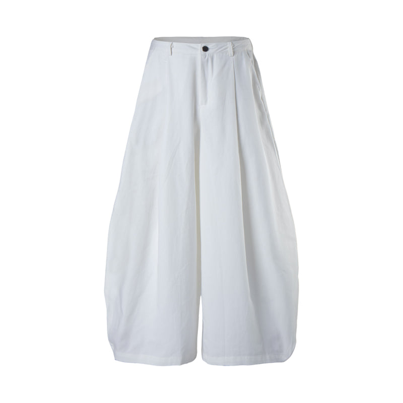 White wide-leg cargo pants front view with snap-button waist and flowing legs