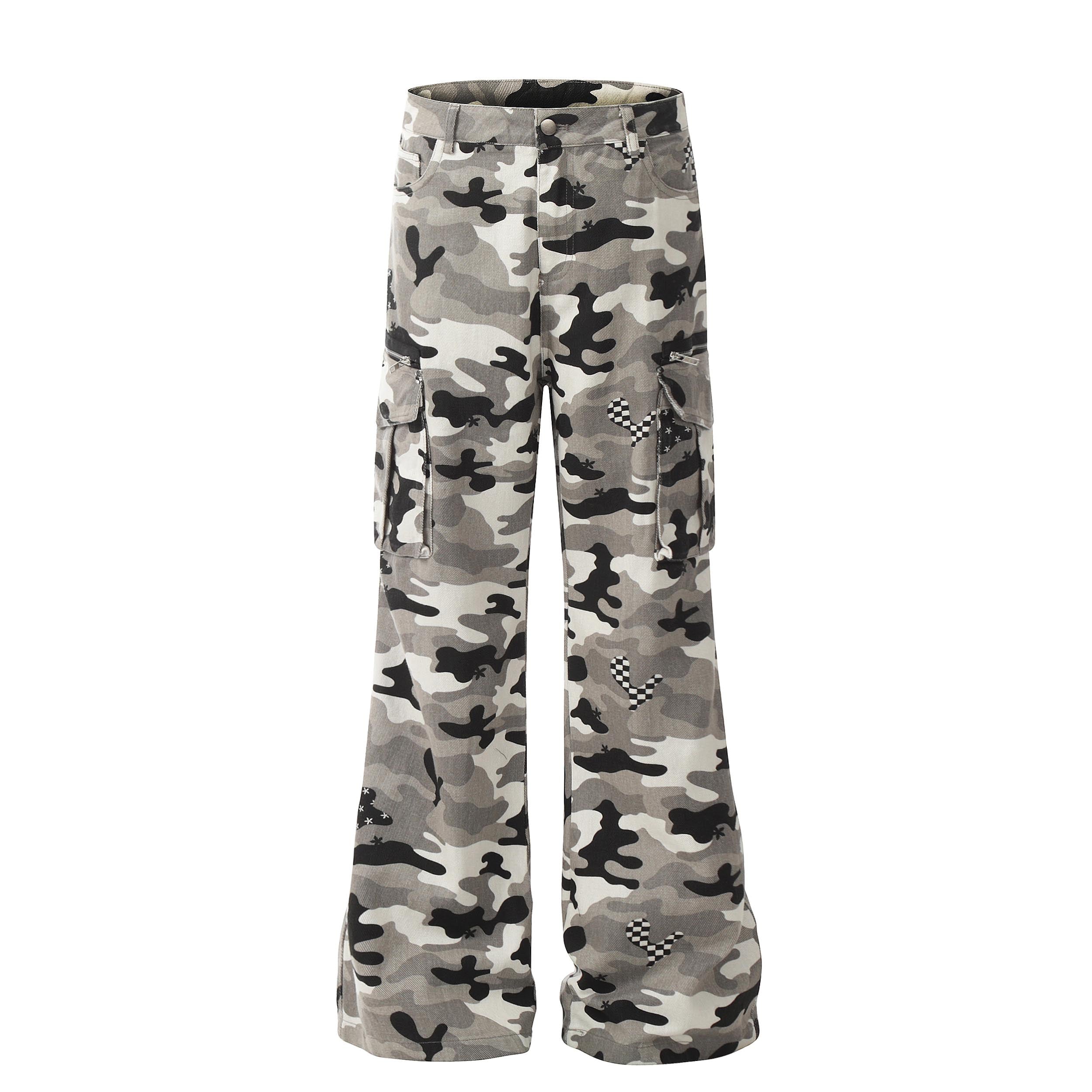 Grey Camo Cargo Pants with Checkerboard Patches | SEAKOFF