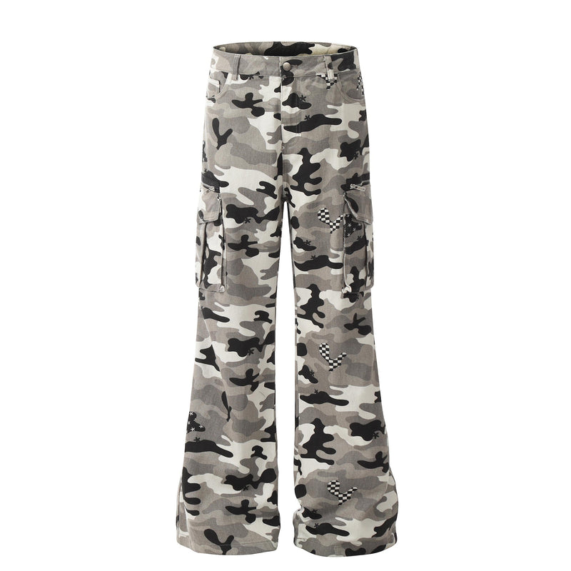 Grey camouflage cargo pants with checkerboard patches, front view