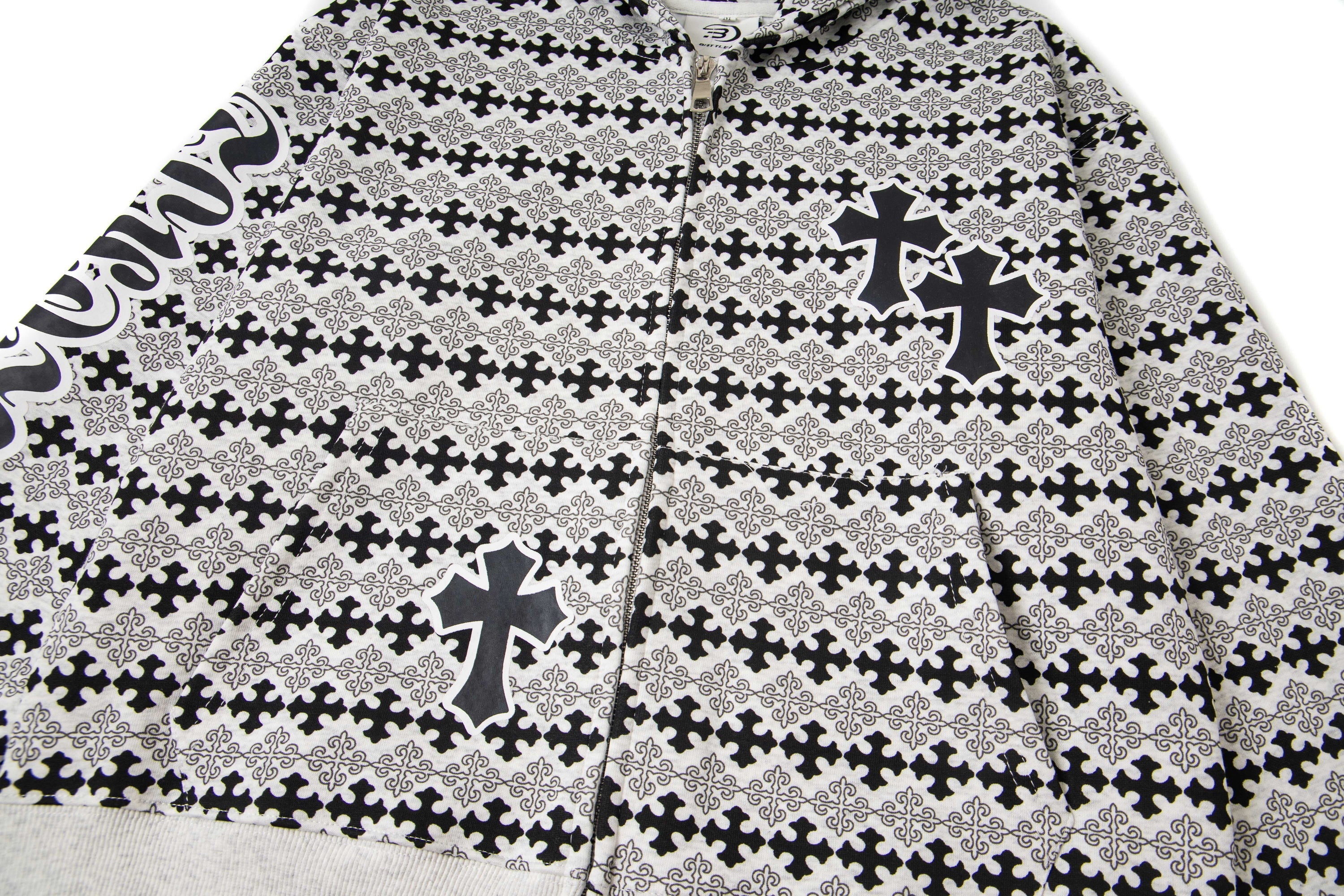 Gothic Cross Pattern Full-Zip Hoodie | Y2K Streetwear