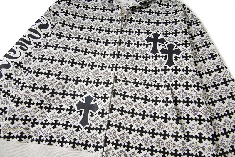 Front of black and white full-zip hoodie with cross graphics and pockets